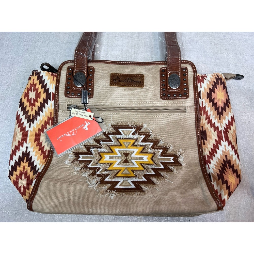 Montana West Tan Western Aztec Print Purse Inner/Outter Ziper Pockets NWT 15" - Picture 2 of 9